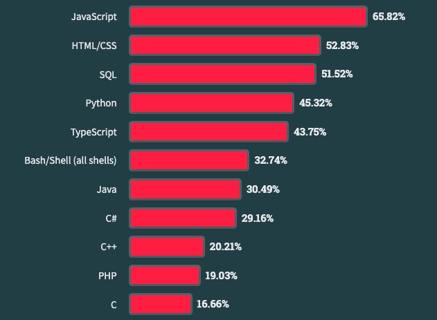 Popular programming languages used by professional developers, StackOverflow developer annual survey 2023